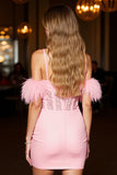 Pink Cold Shoulder Bodycon Short Prom Dress With Feathers