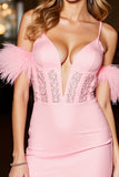 Pink Cold Shoulder Bodycon Short Prom Dress With Feathers