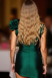 Dark Green Ruched Floral Satin Bodycon Cocktail Dress