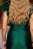 Dark Green Ruched Floral Satin Bodycon Cocktail Dress