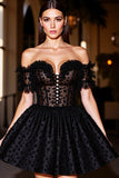 Black Off The Shoulder Beaded A Line Short Prom Dress with Appliques