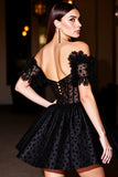 Black Off The Shoulder Beaded A Line Short Prom Dress with Appliques