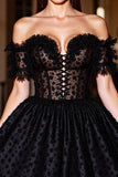 Black Off The Shoulder Beaded A Line Short Prom Dress with Appliques