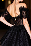 Black Off The Shoulder Beaded A Line Short Prom Dress with Appliques