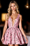 Pink Floral V Neck A Line Short Prom Dress