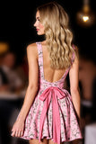 Pink Floral V Neck A Line Short Prom Dress