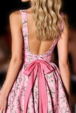 Pink Floral V Neck A Line Short Prom Dress