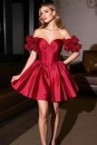 Burgundy Off The Shoulder Ruched A Line Cocktail Dress