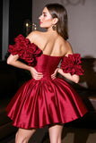 Burgundy Off The Shoulder Ruched A Line Cocktail Dress
