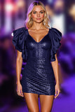 Sparkly Navy Bodycon Cocktail Dress with Ruffled Sleeves