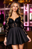 Sparkly Black Corset Long Sleeve A Line Cocktail Dress With Appliques