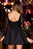 Sparkly Black Corset Long Sleeve A Line Cocktail Dress With Appliques