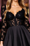 Sparkly Black Corset Long Sleeve A Line Cocktail Dress With Appliques