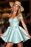 Green Satin Off The Shoulder A Line Short Prom Dress