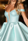 Green Satin Off The Shoulder A Line Short Prom Dress