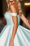 Green Satin Off The Shoulder A Line Short Prom Dress