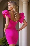Fuchsia Bodycon V Neck Ruched Cocktail Dress