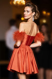 Orange Off The Shoulder Ruched A Line Short Prom Dress