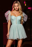 Green Ruched A Line Short Prom Dress With Short Sleeves