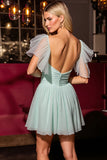 Green Ruched A Line Short Prom Dress With Short Sleeves