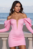Pink Off The Shoulder Long Sleeve Bodycon Cocktail Dress