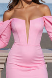 Pink Off The Shoulder Long Sleeve Bodycon Cocktail Dress