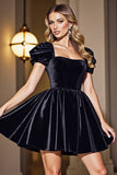 Black A Line Short Prom Dress With Puff Sleeves
