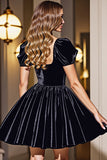 Black A Line Short Prom Dress With Puff Sleeves