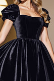 Black A Line Short Prom Dress With Puff Sleeves