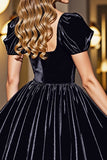 Black A Line Short Prom Dress With Puff Sleeves