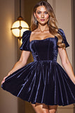 Black A Line Short Prom Dress With Puff Sleeves