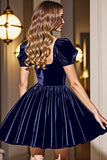 Black A Line Short Prom Dress With Puff Sleeves