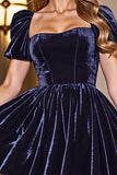 Black A Line Short Prom Dress With Puff Sleeves