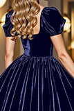 Black A Line Short Prom Dress With Puff Sleeves