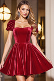 Black A Line Short Prom Dress With Puff Sleeves