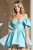 Light Blue Corset A Line Cold Shoulder Short Prom Dress