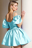 Light Blue Corset A Line Cold Shoulder Short Prom Dress