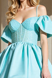 Light Blue Corset A Line Cold Shoulder Short Prom Dress