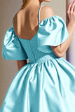 Light Blue Corset A Line Cold Shoulder Short Prom Dress