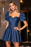 Dark Blue A Line Short Prom Dress With Puff Sleeves