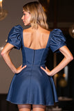 Dark Blue A Line Short Prom Dress With Puff Sleeves