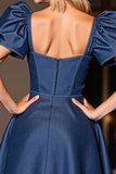 Dark Blue A Line Short Prom Dress With Puff Sleeves