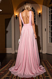 Pink Ruched V Neck A Line Formal Dress With Slit