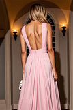 Pink Ruched V Neck A Line Formal Dress With Slit