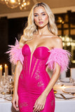 Fuchsia Ruched Off The Shoulder Short Prom Dress with Feathers