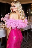 Fuchsia Ruched Off The Shoulder Short Prom Dress with Feathers