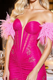 Fuchsia Ruched Off The Shoulder Short Prom Dress with Feathers