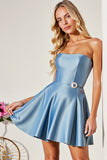 Blue Strapless Satin A Line Short Prom Dress With One Button