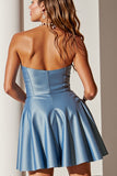 Blue Strapless Satin A Line Short Prom Dress With One Button