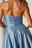 Blue Strapless Satin A Line Short Prom Dress With One Button